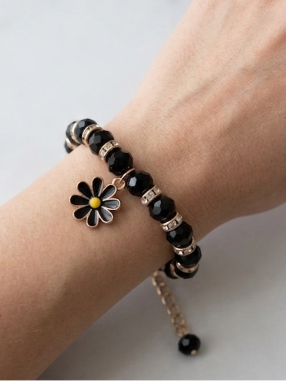 Black Beaded Daisy Charm Bracelet - Unbranded